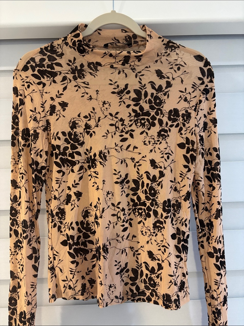 SHEIN Beige Mock Neck Long Sleeve Top with Black Floral Print